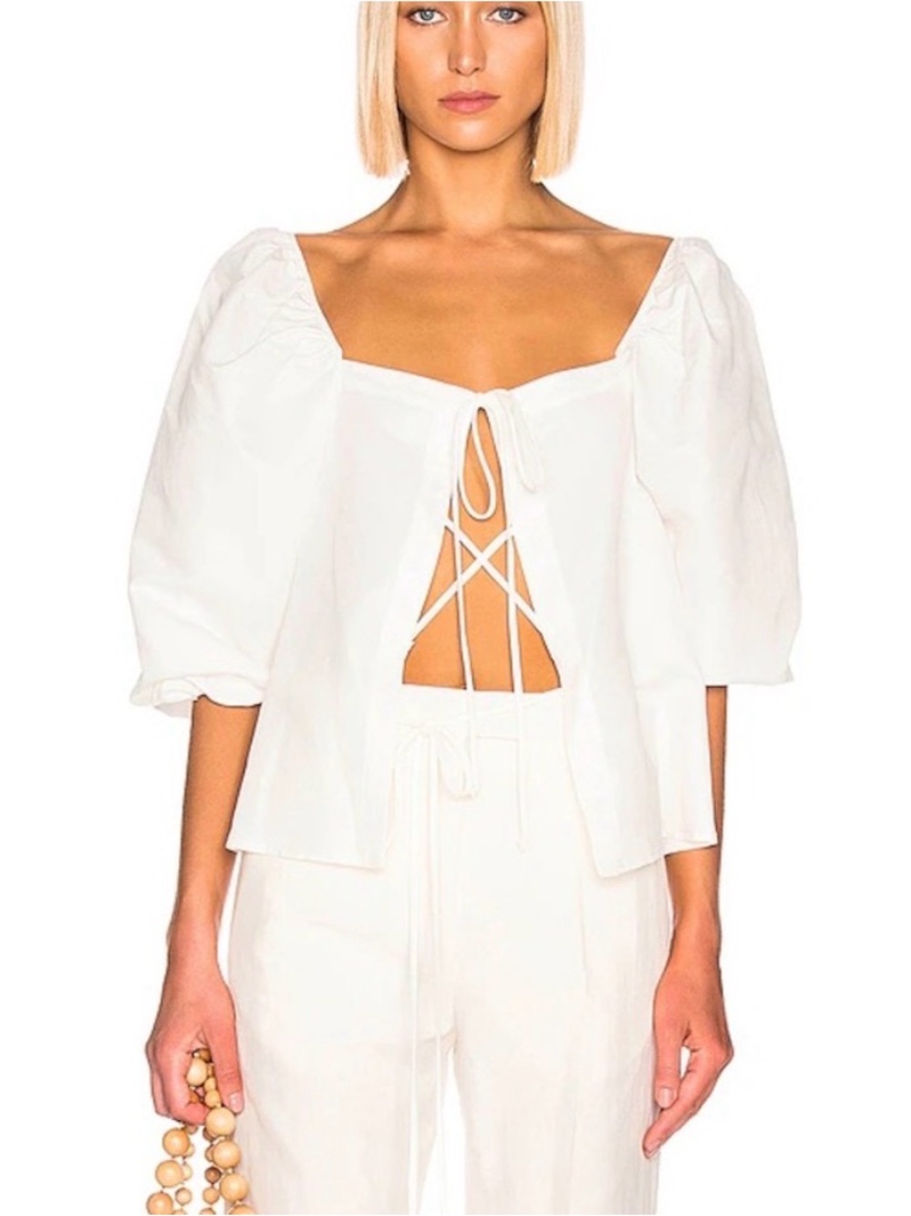 Cult Gaia Cream Tie-Front Puff Sleeve Top Size medium